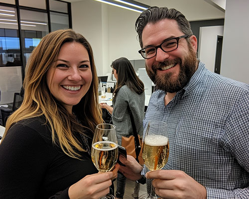 גבר ואישה בהרמת כוסית במשרד